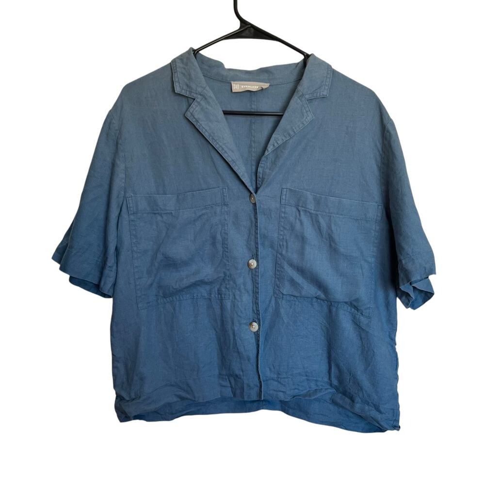 Everlane Linen Notch Shirt Blue Button Up Boxy Pocket Top Size S